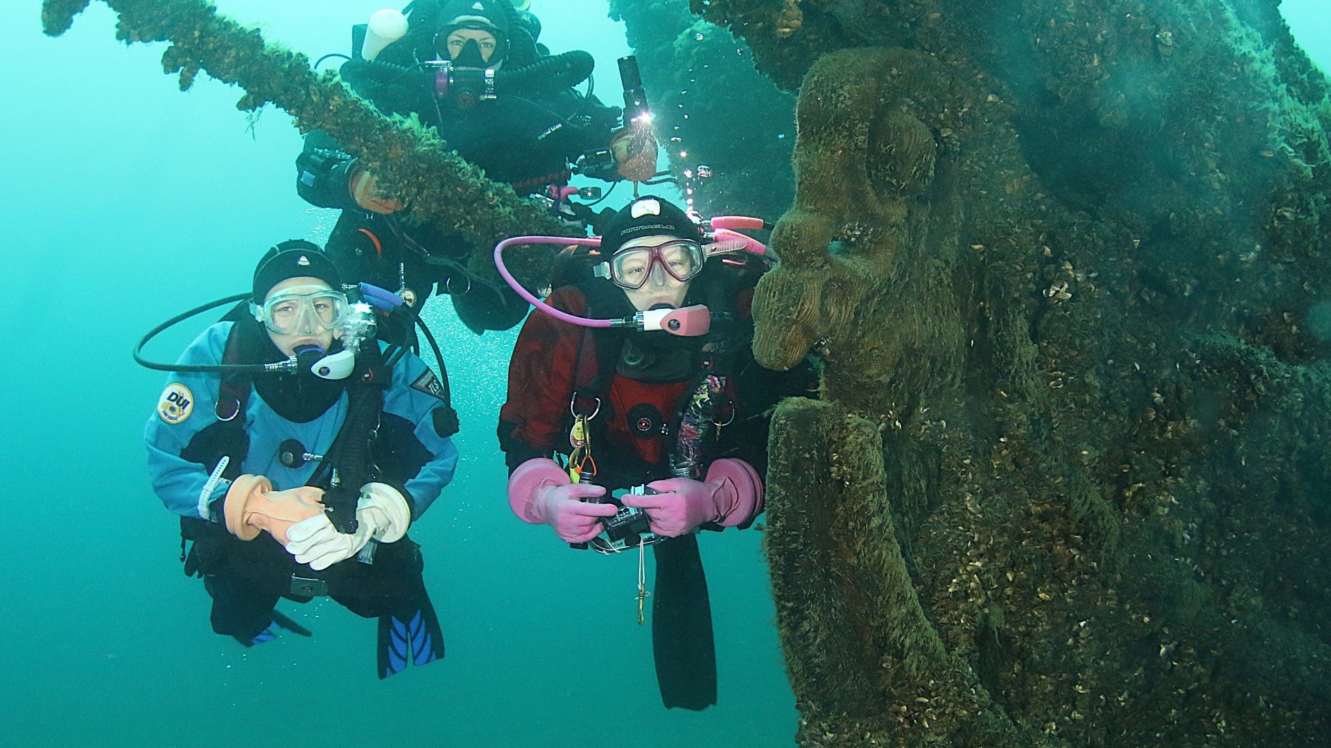 Divers exploring a Great Lakes shipwreck responsibly